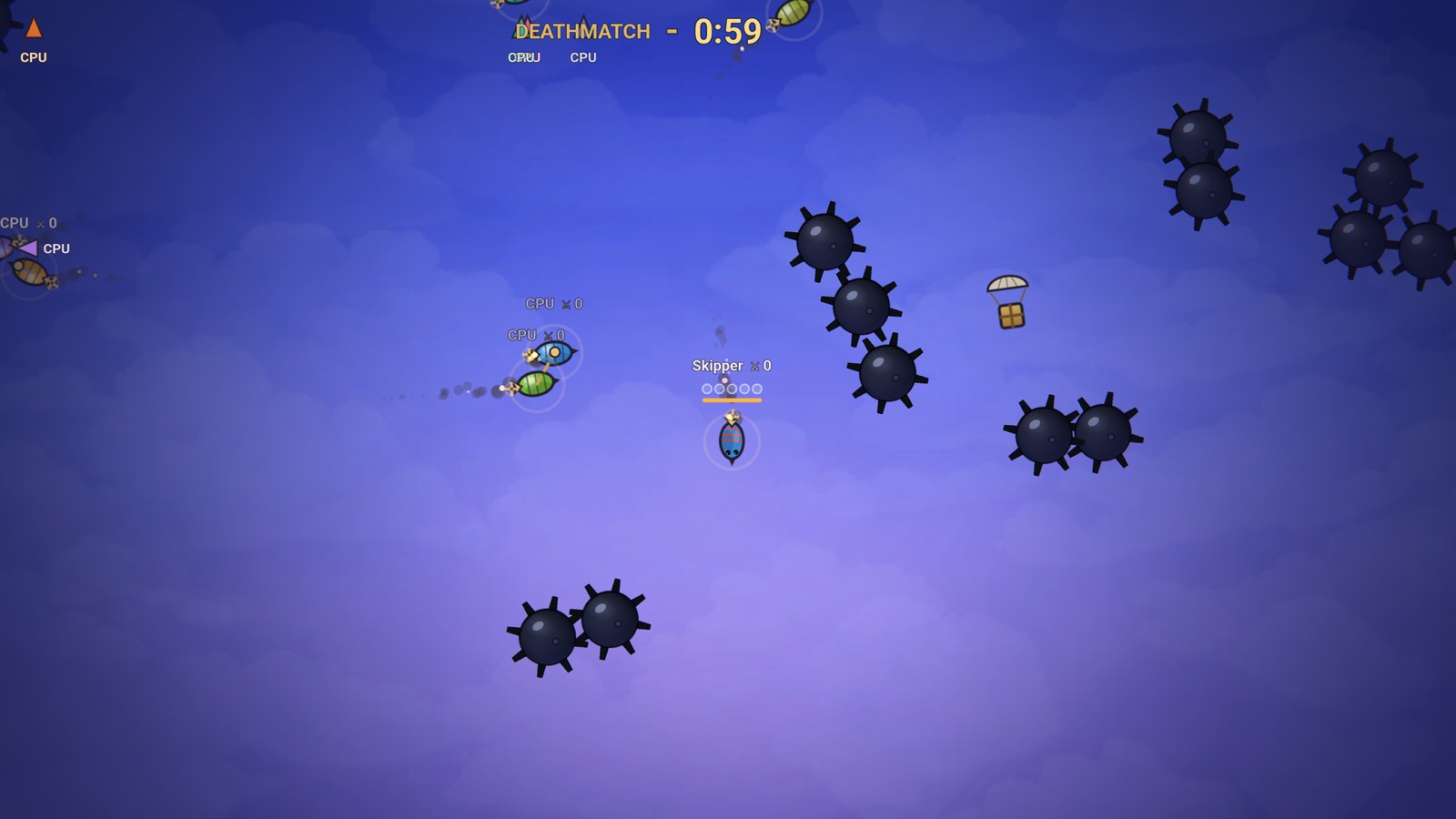 Airships weaving between floating mines in a Deathmatch round