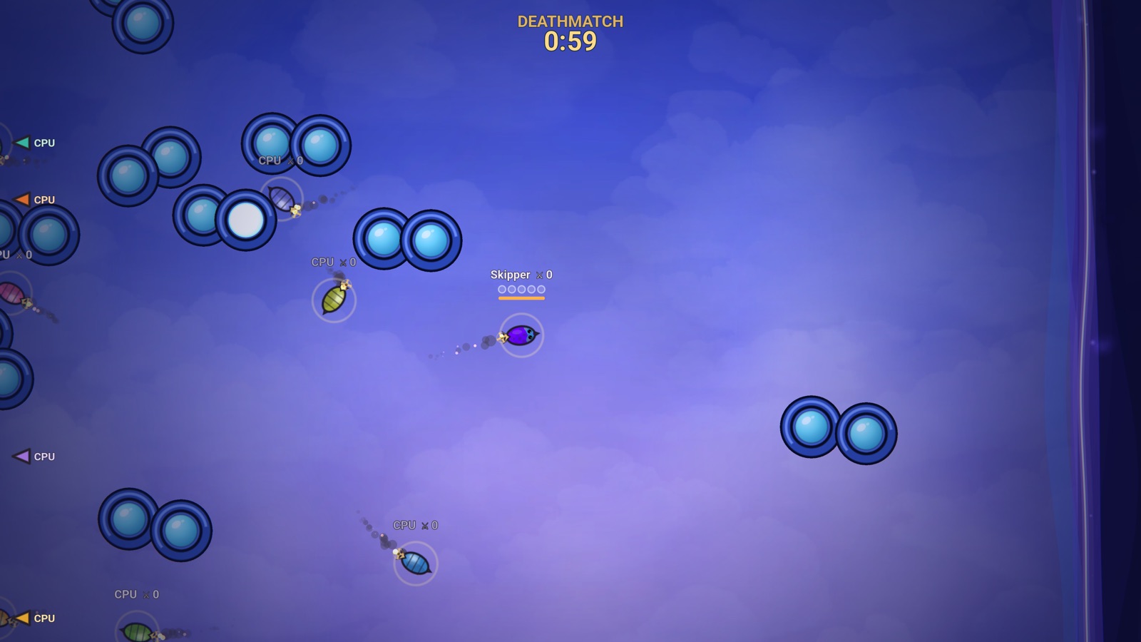 Airships among pairs of round blue bumpers, one lit by a hit